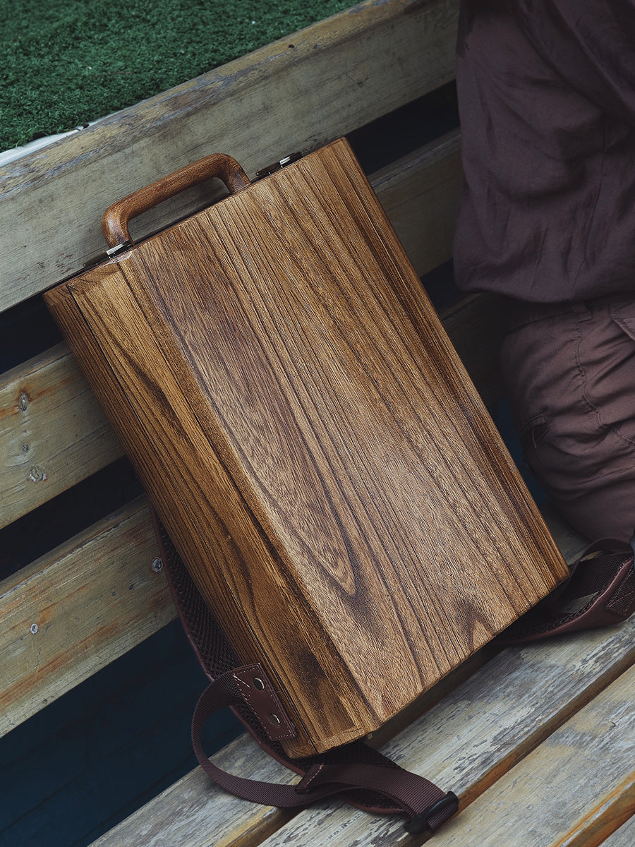 Niche Design Handmade Brown Wood Texture Computer Schoolbag 27x9x34.5cm for Men & Women