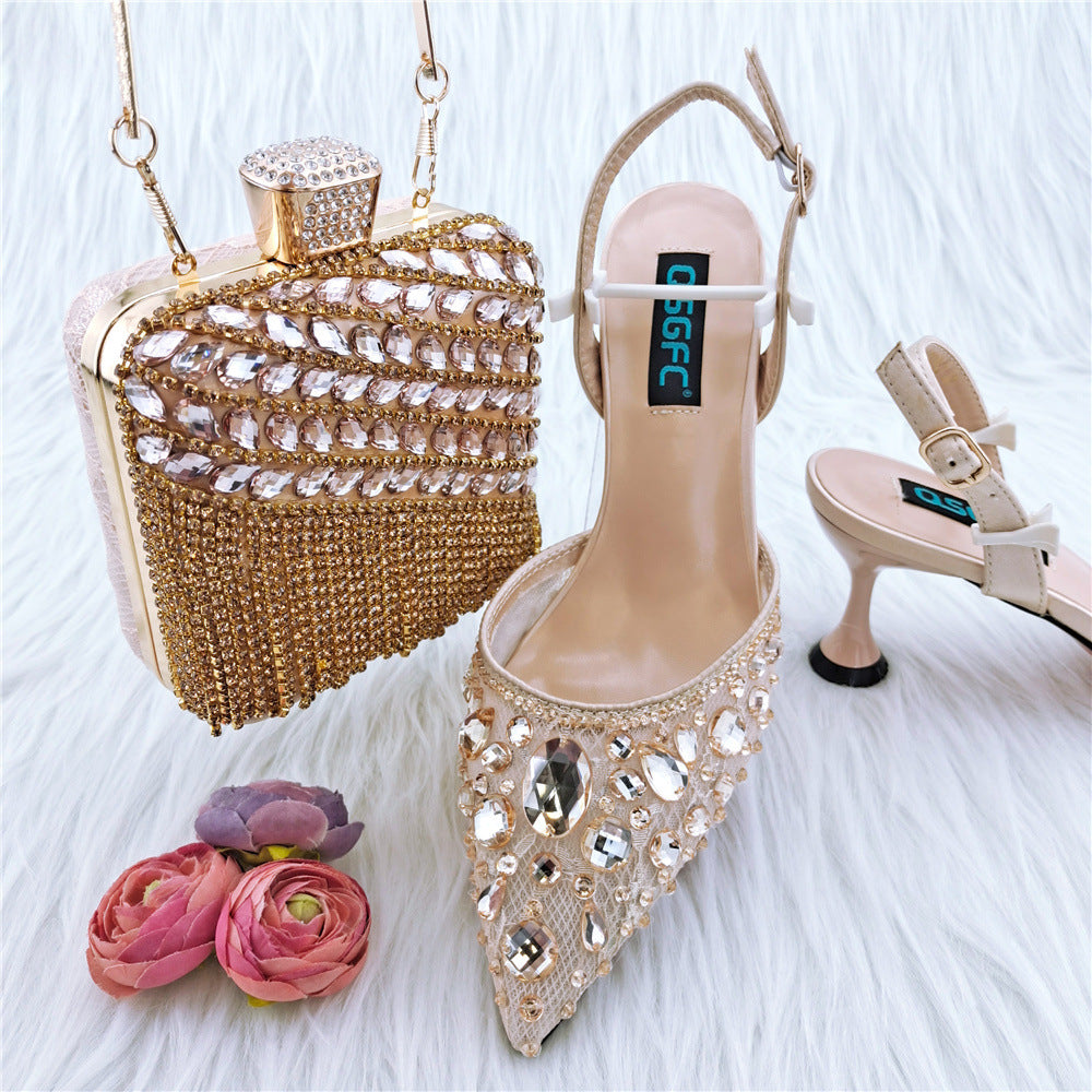 Ladies' High Heel Party Sandals with Diamond Bag Set