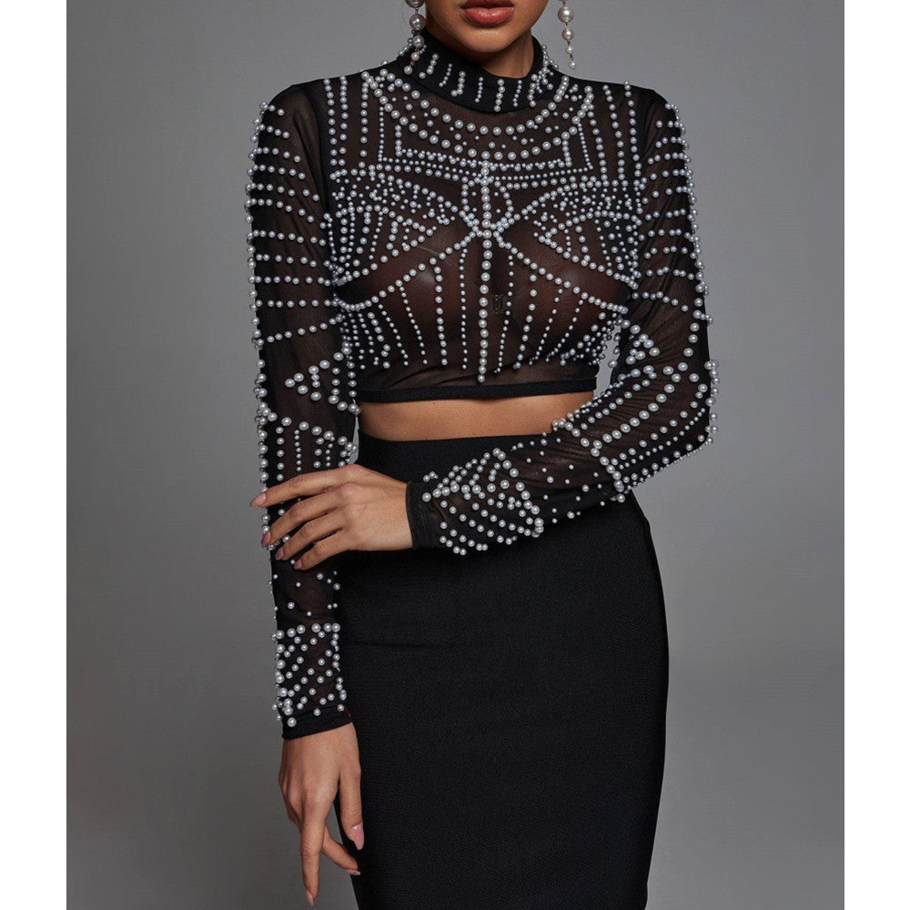 Long-sleeve Suit Bubble Pearl Top Black