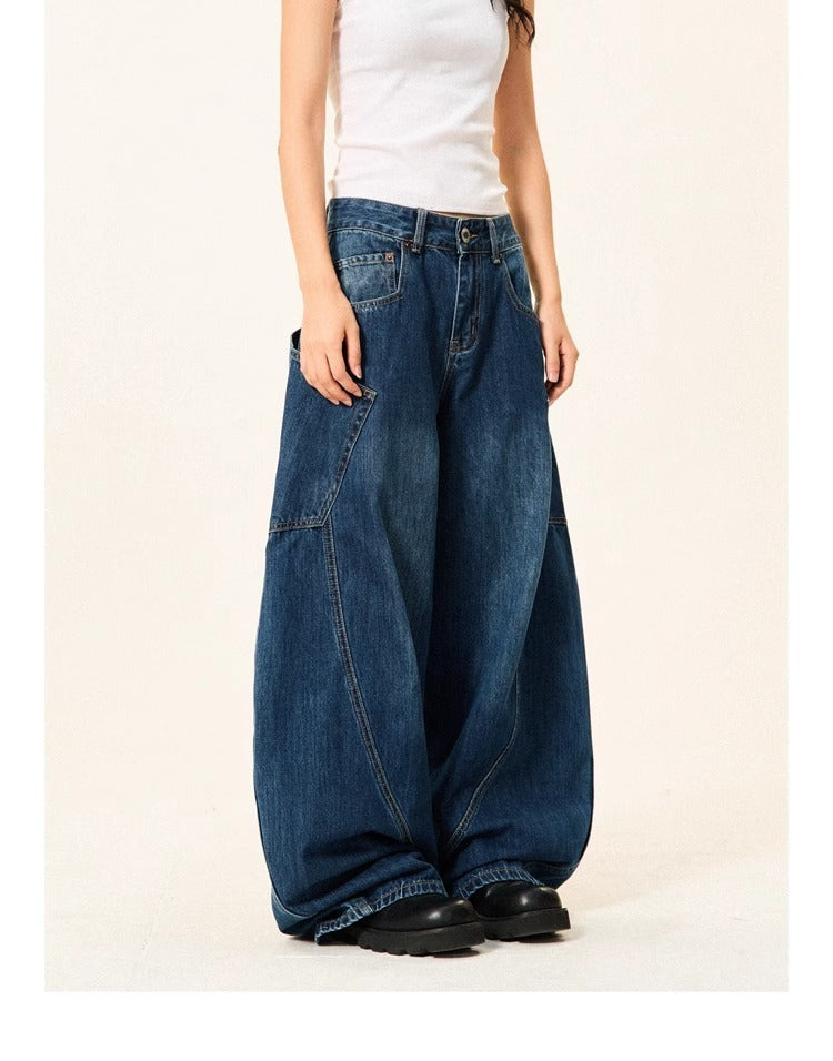 Jeans taille haute amples à jambes larges pour femme avec grandes poches bleu foncé