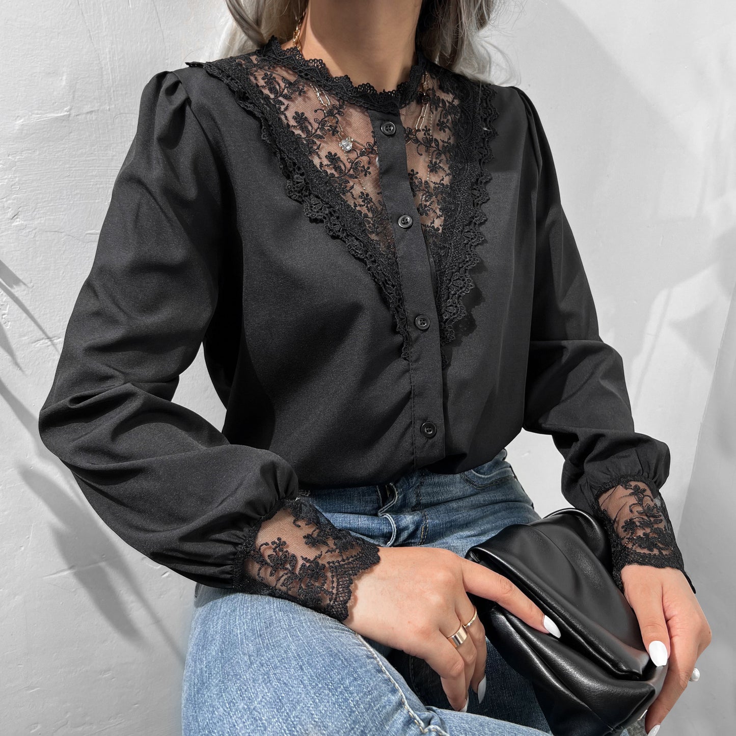 Lace Shirt Lantern Sleeve Single Breasted Top