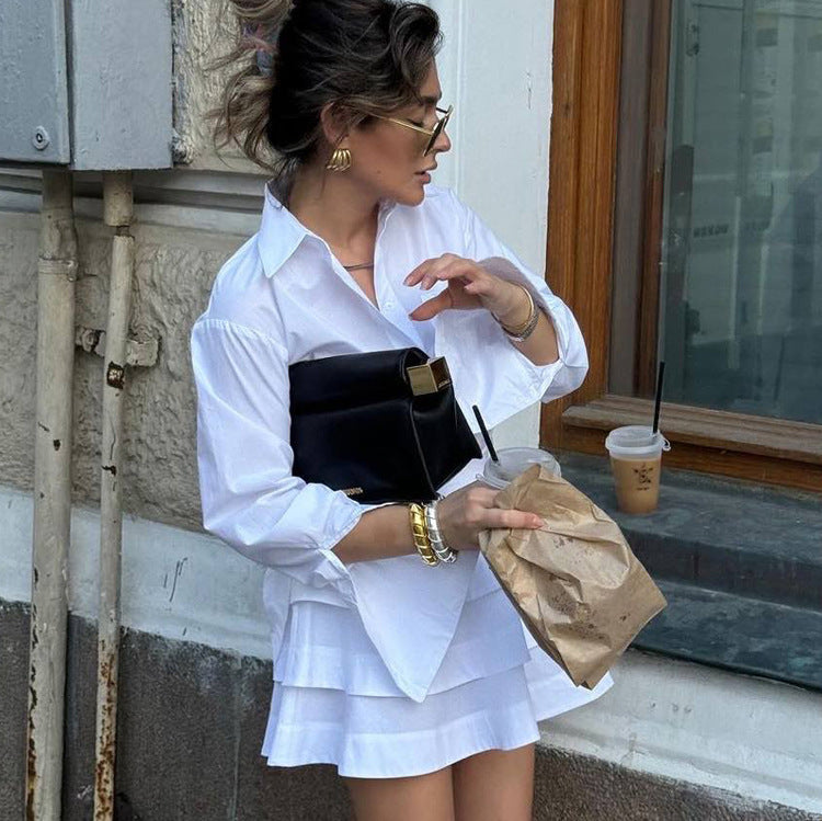 White Lapel Long Sleeve Shirt High Waist Tiered Dress Suit