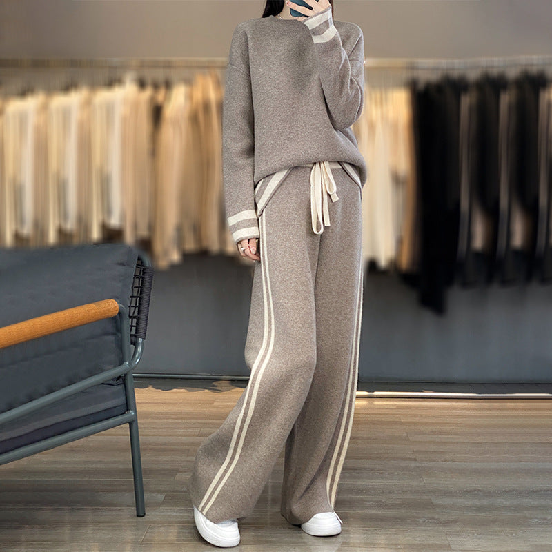 Wool Knit Sweater & Wide Leg Pants Set Casual Lounge Suit