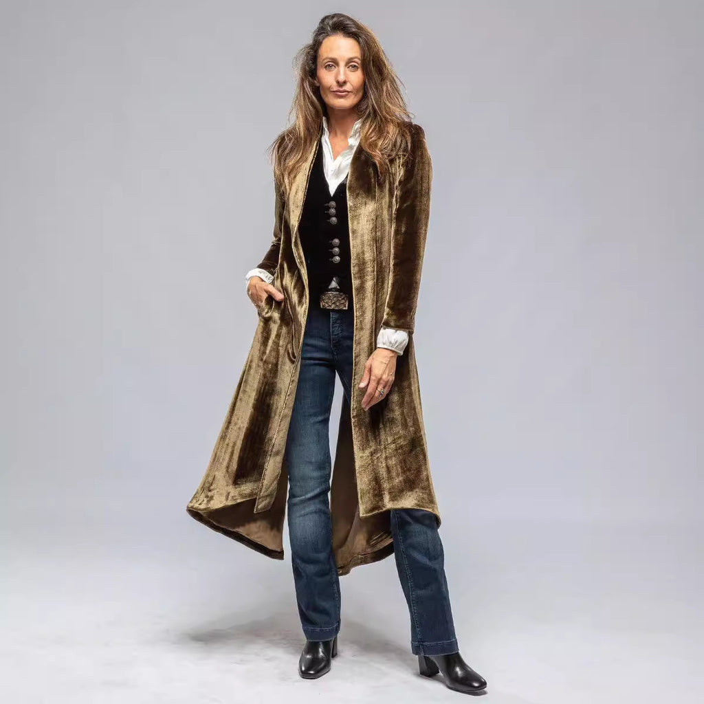 Women's Velvet Long Cardigan Solid Color Retro Split Trench Coat Loose Overcoat