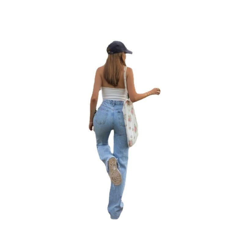 High Waist Light Wash Wide Leg Ripped Denim Jeans