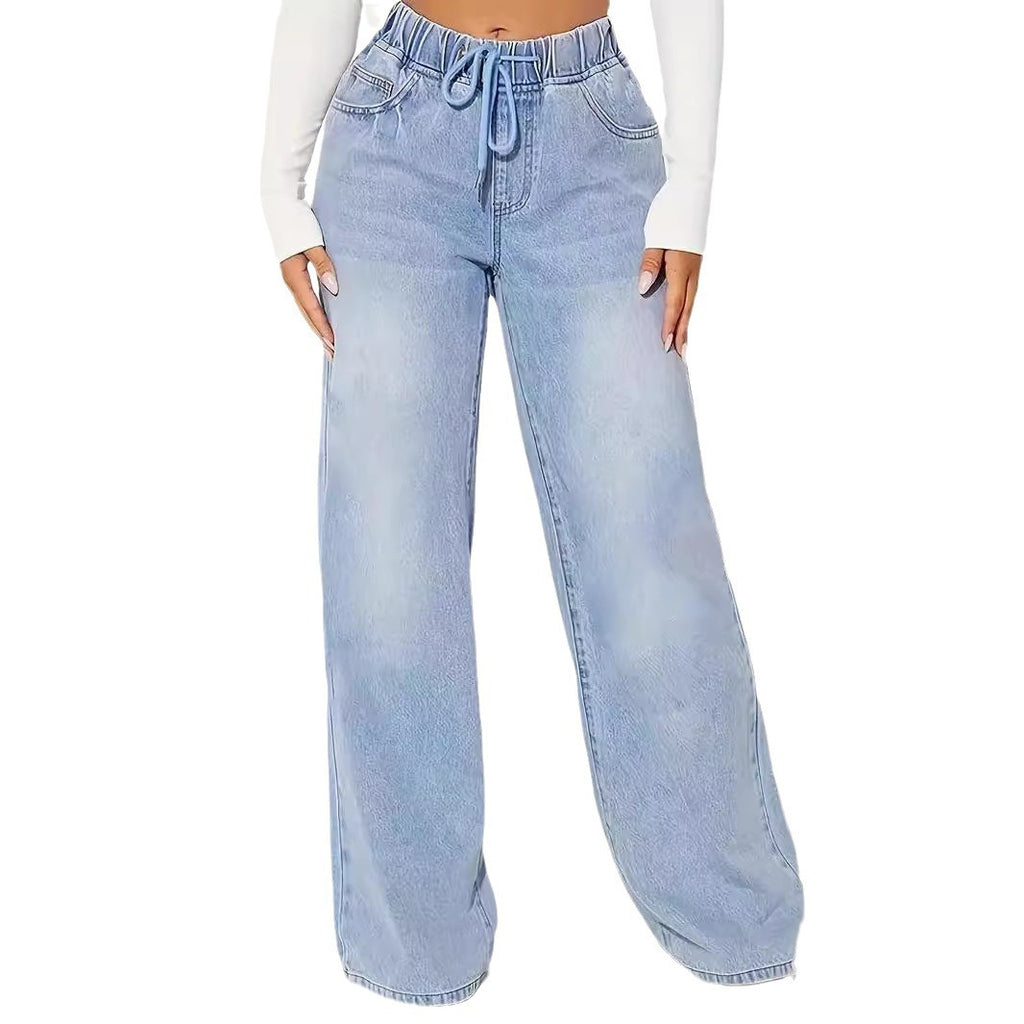 High Waist Light Blue Wide Leg Drawstring Jeans