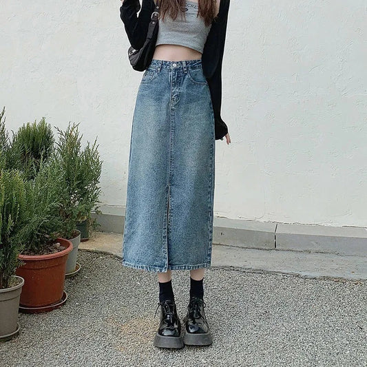 Summer Mid-length Split Denim Skirt