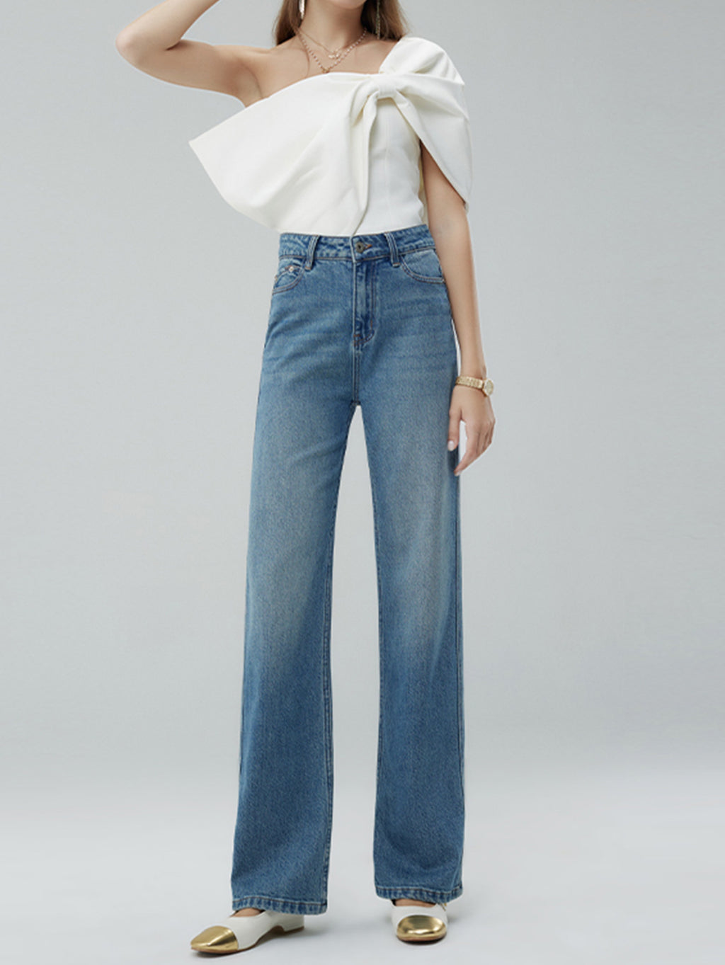 Casual Denim Wide Leg Pants for Women in Dark & Light Blue