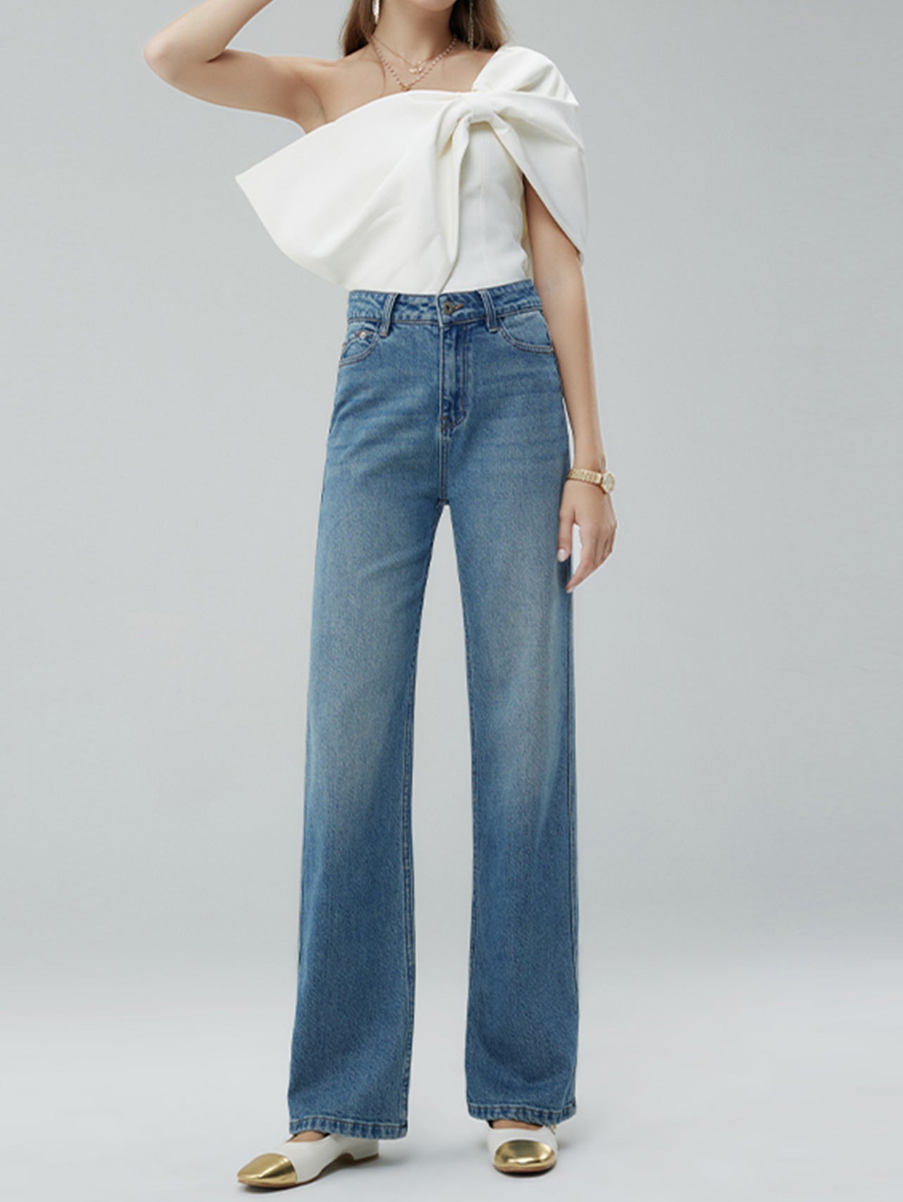 Casual Denim Wide Leg Pants for Women in Dark & Light Blue