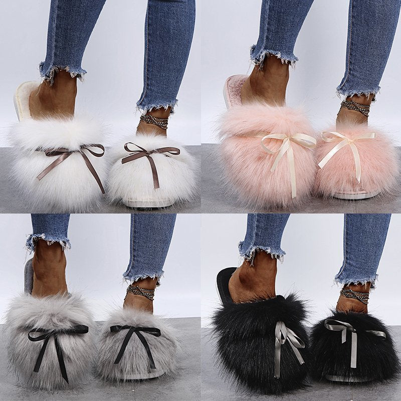 Bowknot Cotton Plush Half Shoes with Rubber Sole for Outdoor Wear