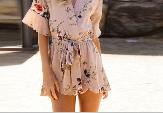 Women’s Floral Print Hemp Jumpsuit for Beach
