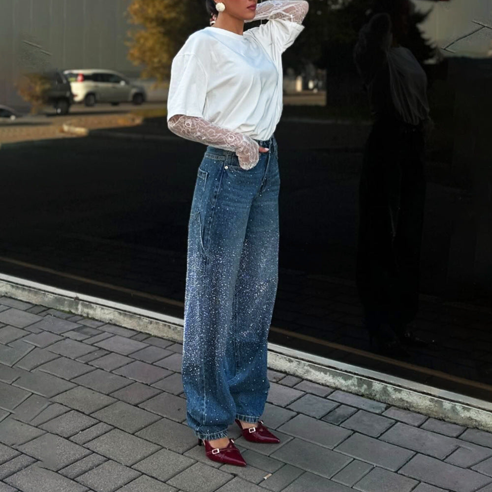 Starry Sky Rhinestone High Waist Blue Denim Straight Pants