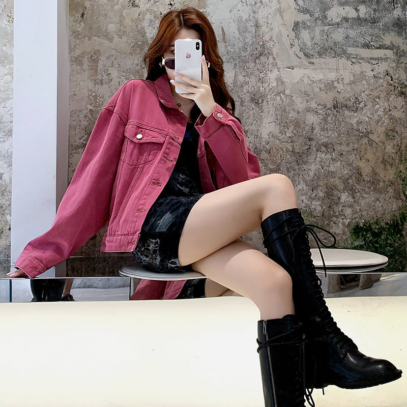 Pink Short Denim Jacket with Long Sleeves