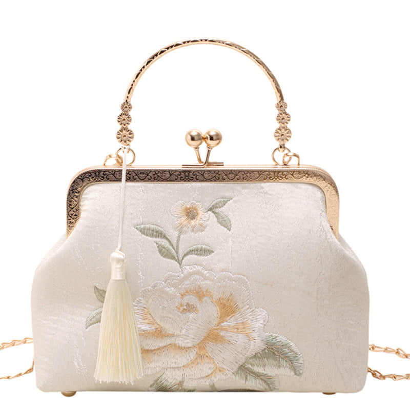 Embroidered Silk Crossbody Bag for Women – White & Blue, 23x15x8cm