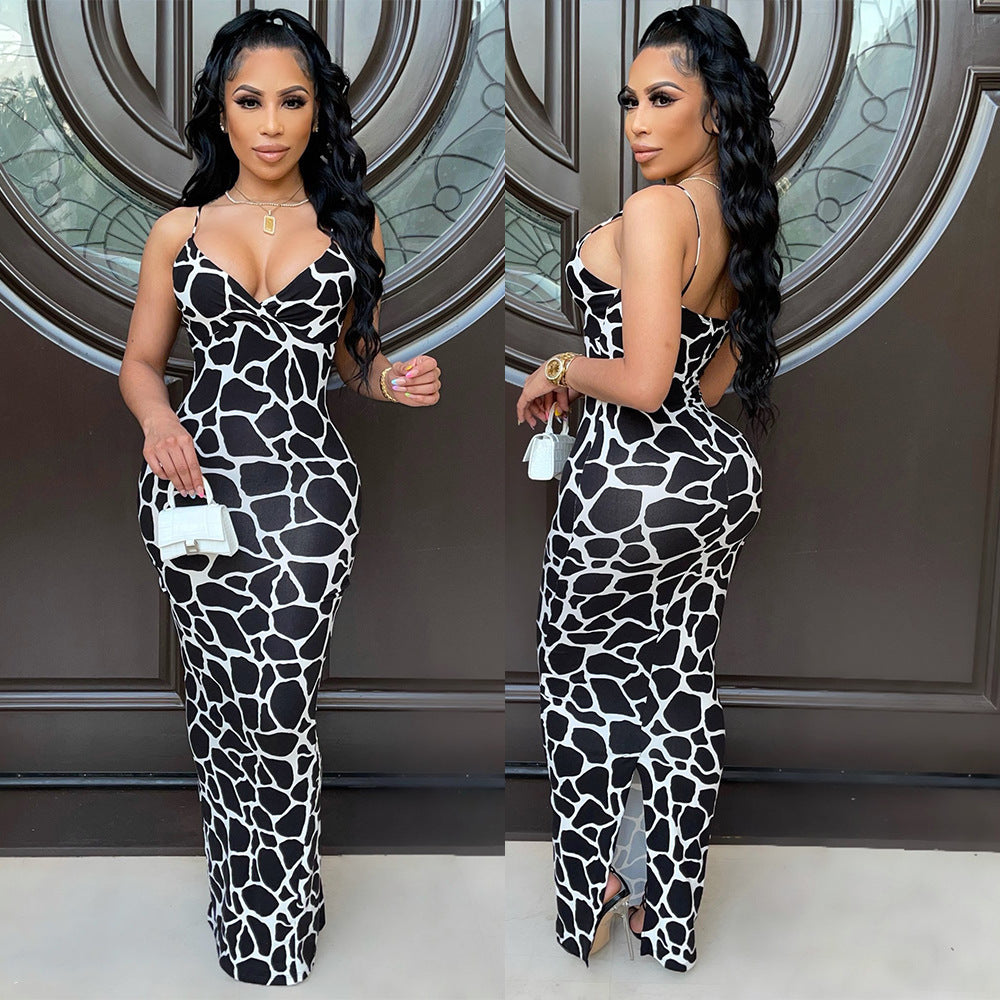 V-Neck Printed Women's Dress Mid Waist Polyester