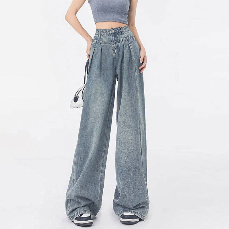 High Waist Pleated Wide Leg Loose Cotton Denim Jeans for Women