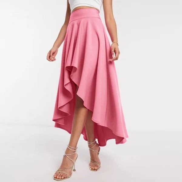 Women's Asymmetric High Waist Mid-Length Skirt in Black & Pink Polyester