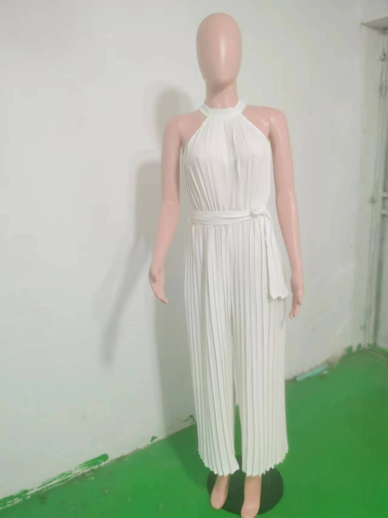 Sexy Halter Sleeveless Pleated Lace-Up Slim Fit Wide-Leg Jumpsuit