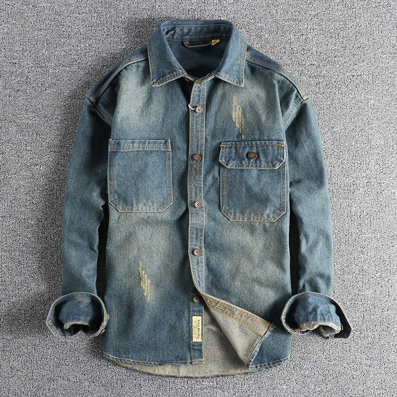 Vintage Washed Cotton Denim Shirt for Men in Light & Dark Blue