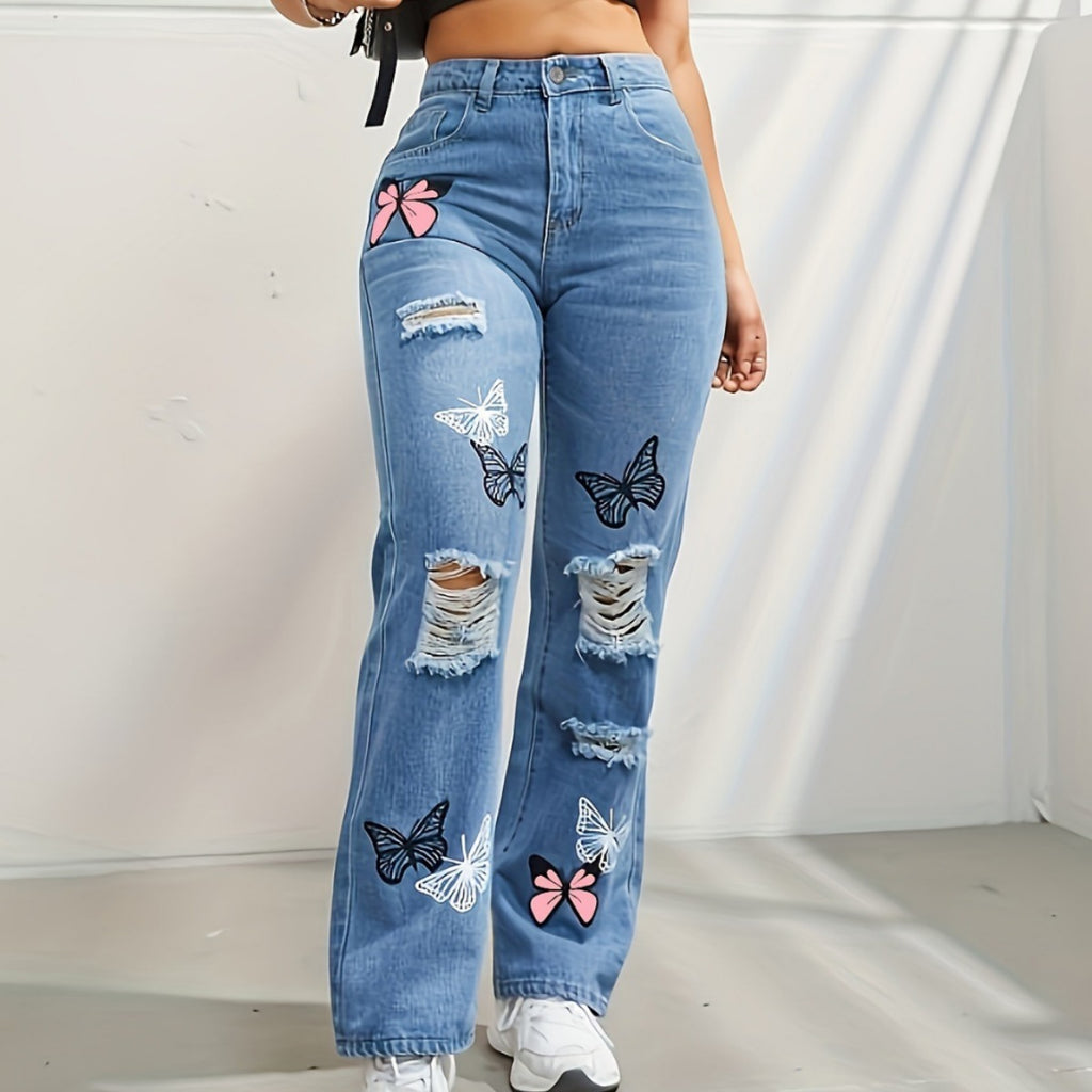 Jean droit taille haute en denim bleu pour femme avec imprimé papillon et déchirures usées