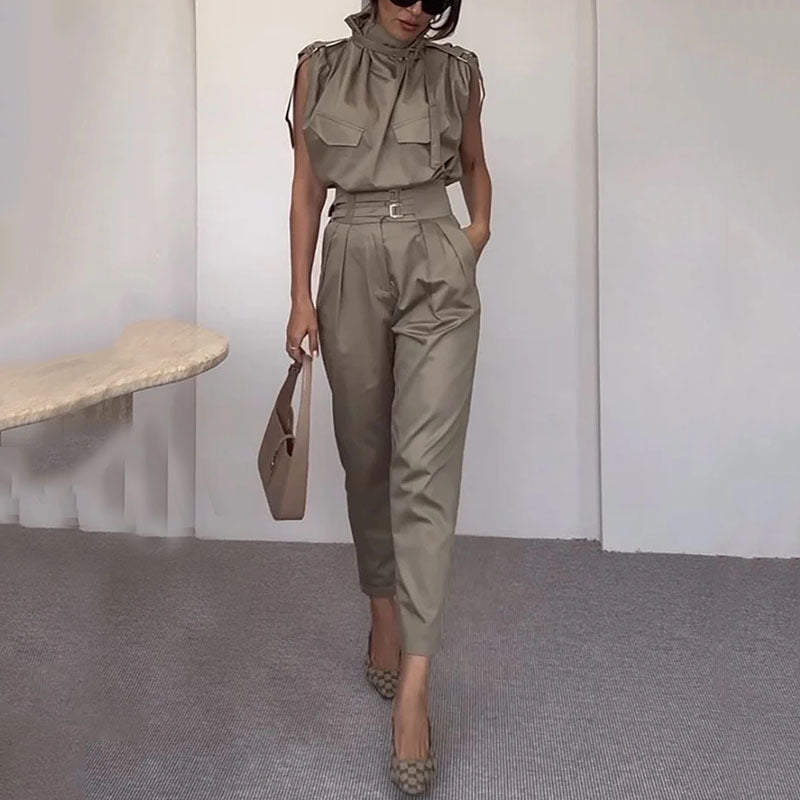 Shoulder and Waist Slimming Blouse with Belt and Pants Set