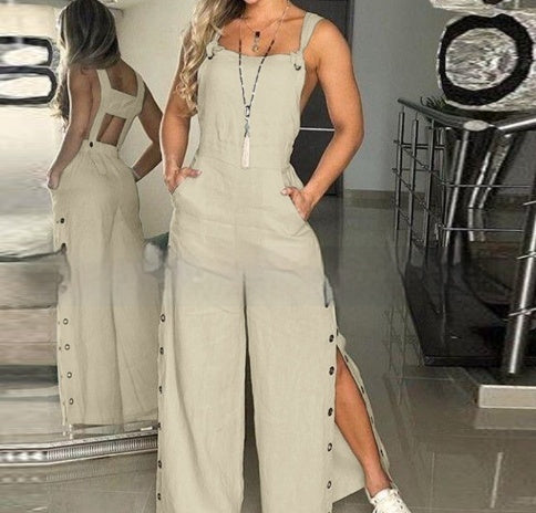 Women's Sleeveless Solid Color Wide Leg Jumpsuit with Side Pockets and Buckle