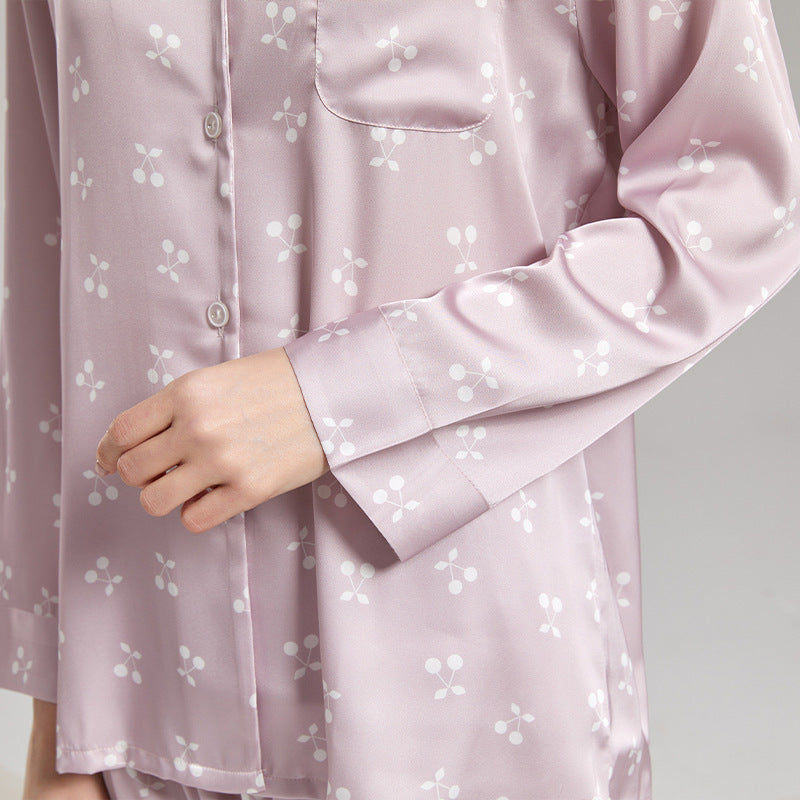 Ensemble de pyjama en soie glacée imprimé cerises décontracté pour femmes
