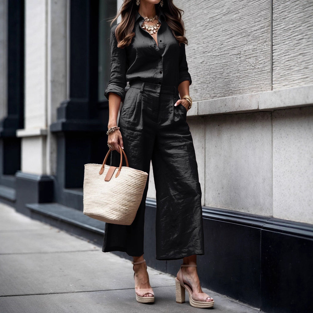 Women's Minimalist Long Sleeve Top & Wide Leg Pants Suit