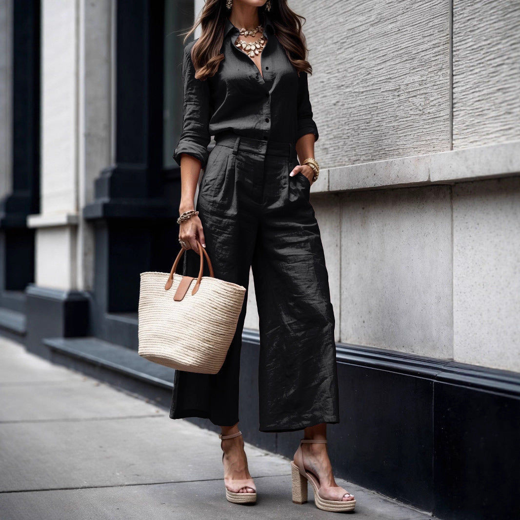 Women's Fashion Minimalist Long Sleeve Top Loose Wide Leg Pants Suit