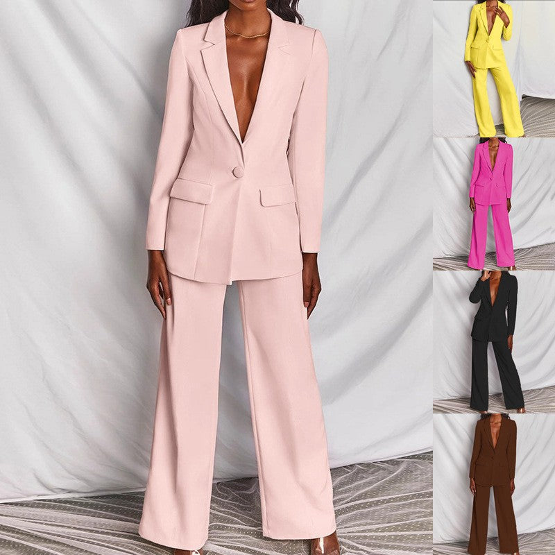 Ensemble blazer décontracté à revers et boutons et pantalon droit pour femme (2 pièces)
