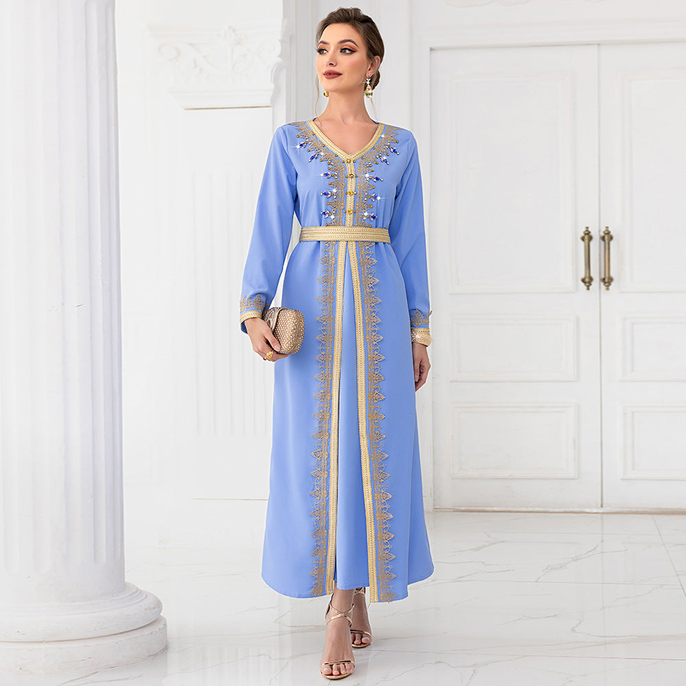 Light Blue Ribbon Hand-stitched Diamond Long Sleeve Arab Dress