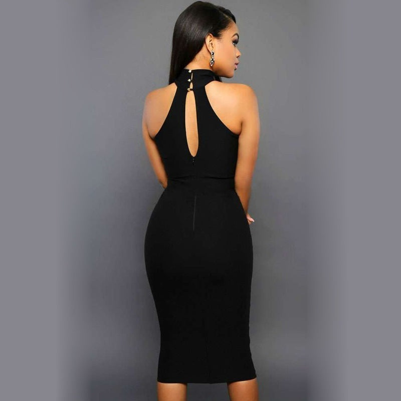Sexy Solid Color Hanging Neck Midi Party Dress