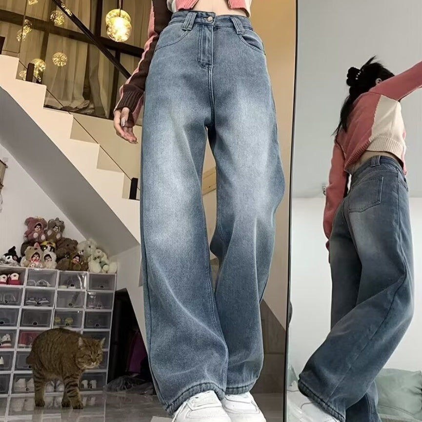 Jean droit taille haute doublé polaire pour femme