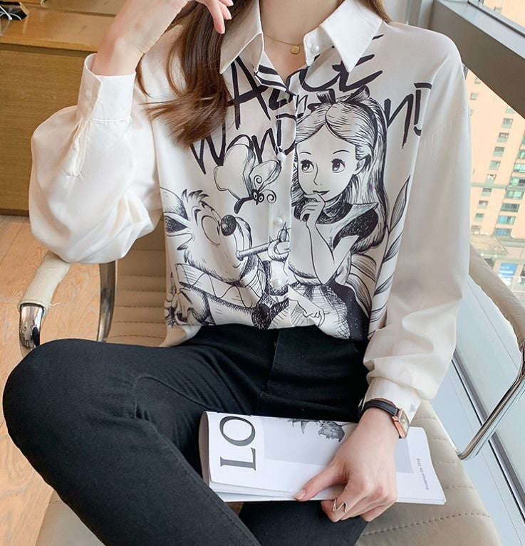 Women's White Printed Loose Chiffon Shirt Top