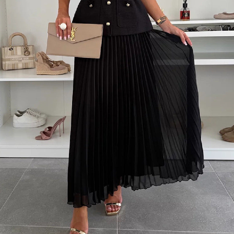 Sleeveless Chanel-Inspired Vest & Mesh Pleated Skirt Two-Piece Set