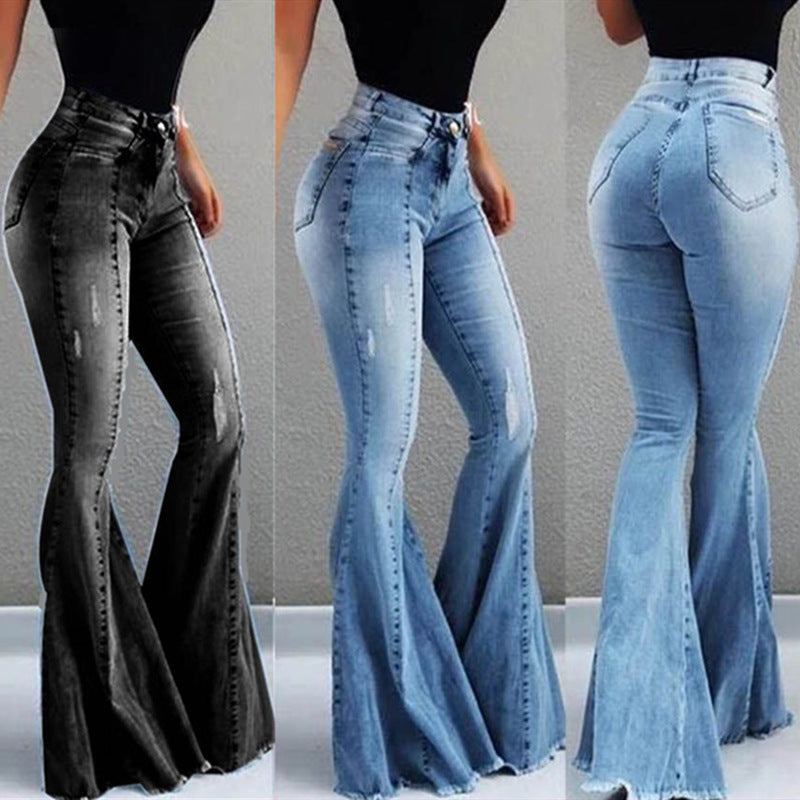 High Waist Elastic Ripped Denim Bell-Bottom Pants for Women