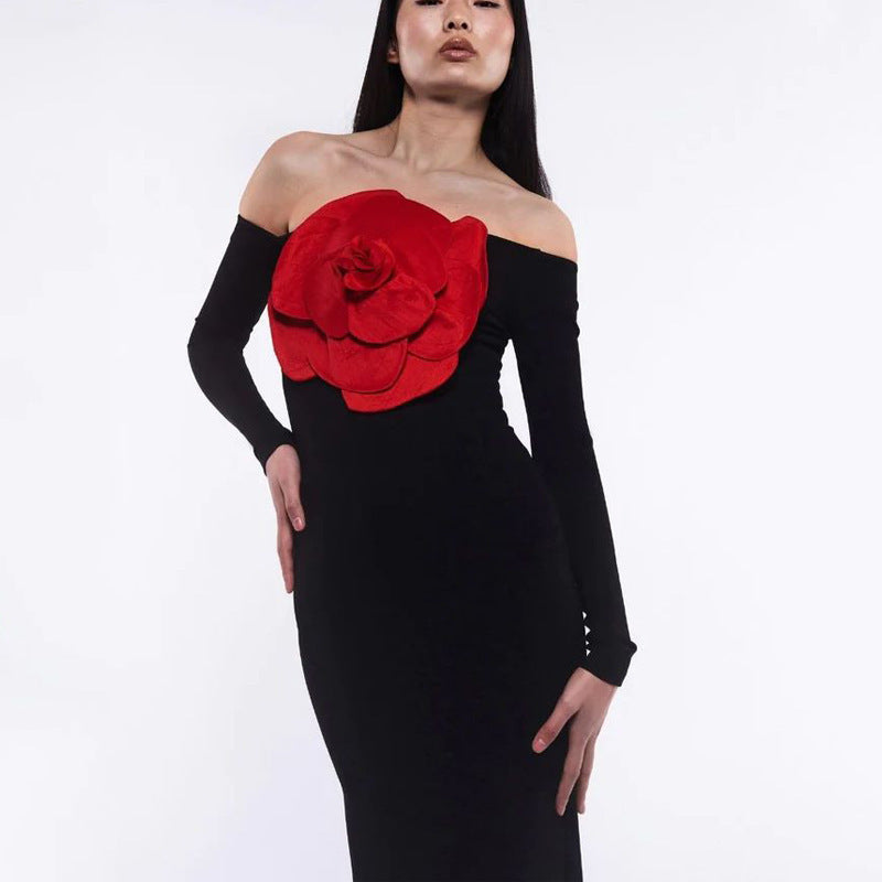European & American Style Black Tube Top Slim Fit Backless Flower Split Dress