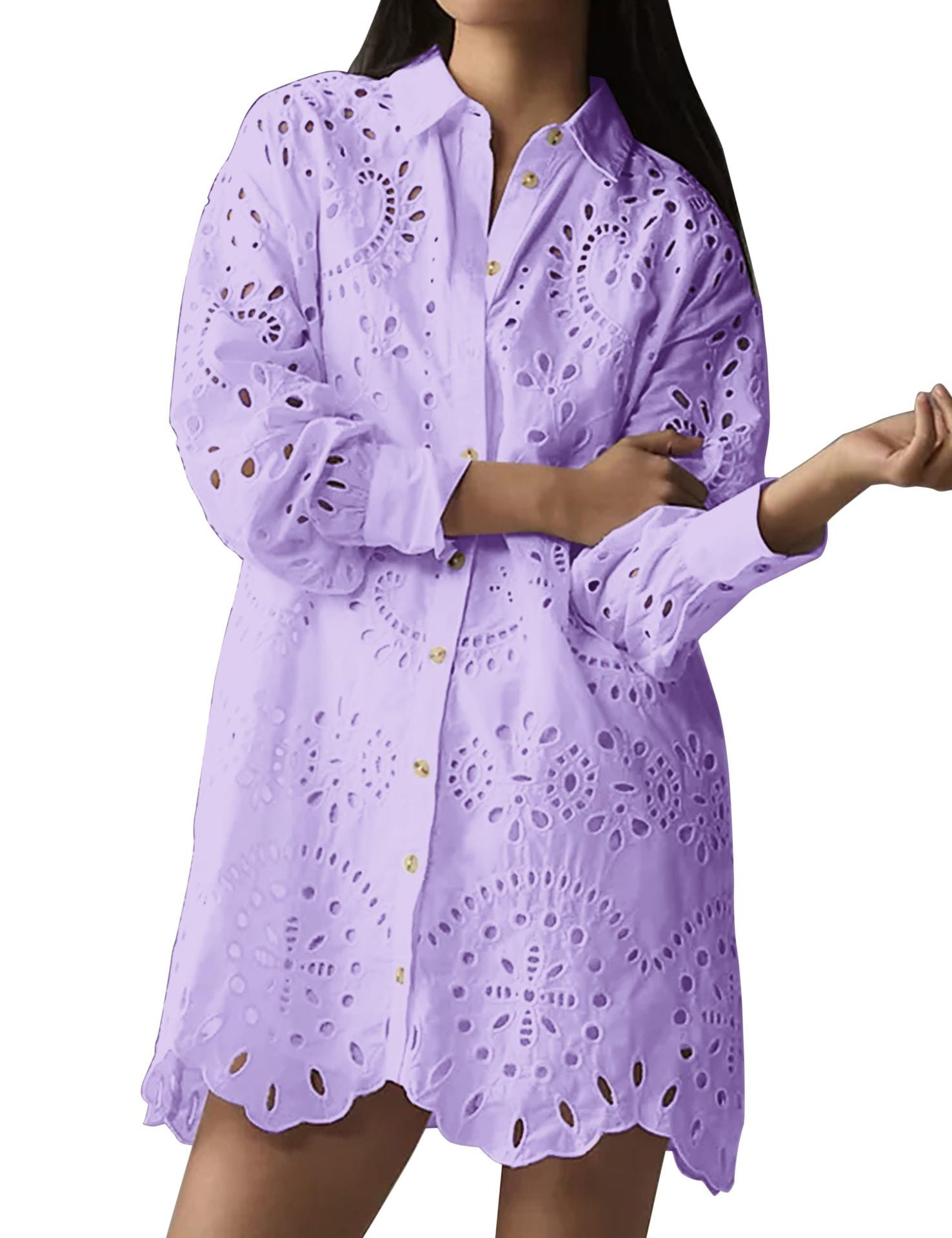 Women's Loose Long-Sleeve Casual Hollow Pleated Shirt