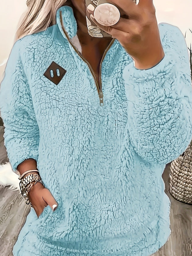 Haut pull en polaire à col montant et demi-fermeture éclair de couleur unie pour femme
