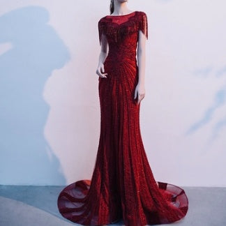 Robe de soirée de mariée sirène bordeaux à manches longues