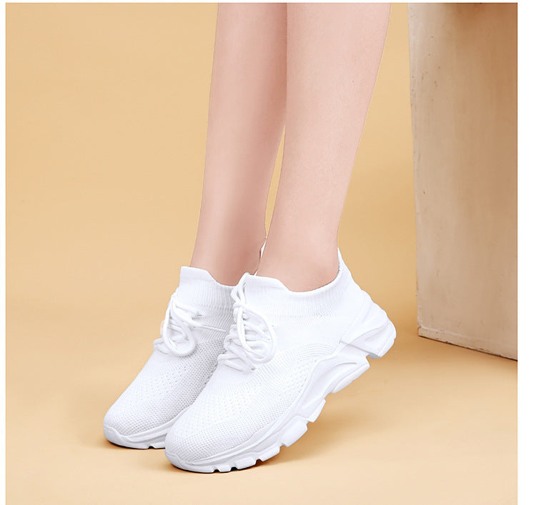 Summer Flyknit Breathable Lightweight Soft Sole Sports Shoes White Mesh