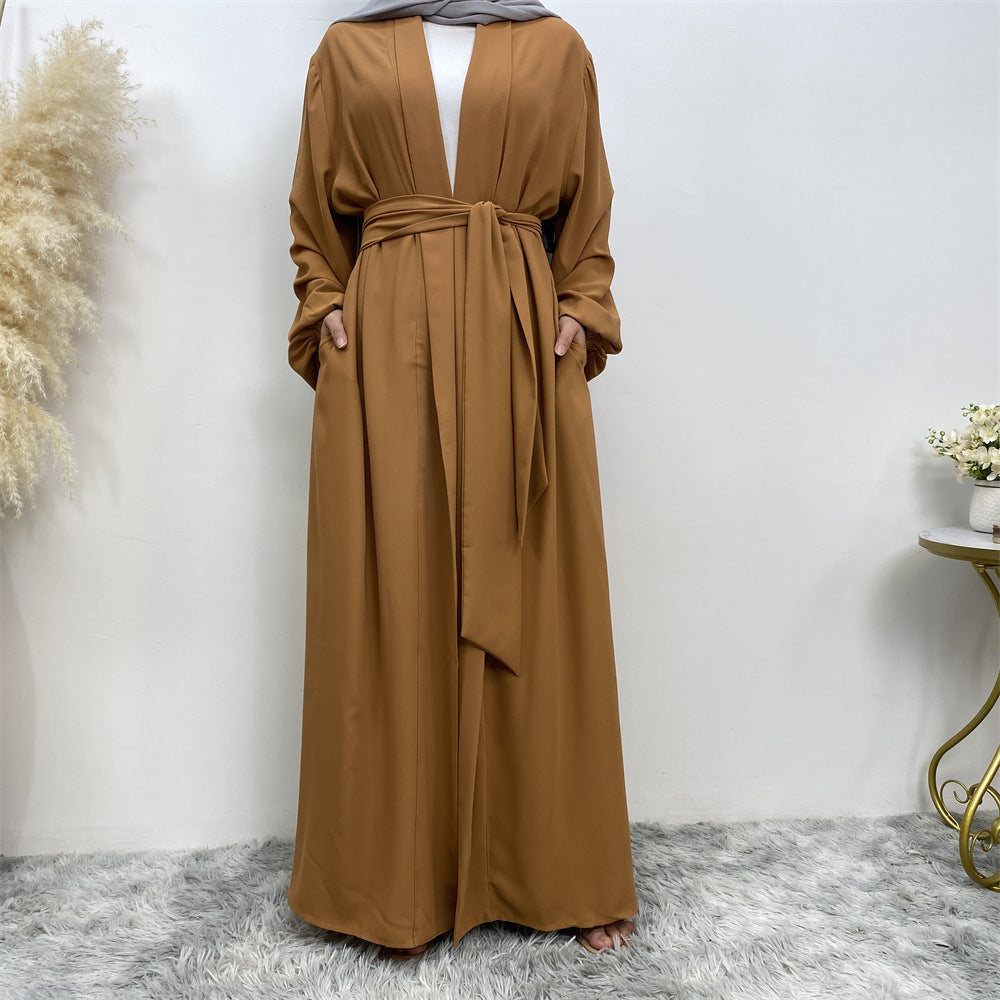 Lace-Up Cardigan Robe with Cuffs & Pockets for Middle Eastern Women