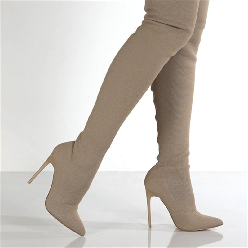 Women's Over-the-Knee High-Heel Knit Boots with Thick Heel