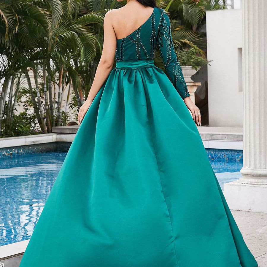 Women's Red Sequined Mid-Waist A-Line Banquet Dress