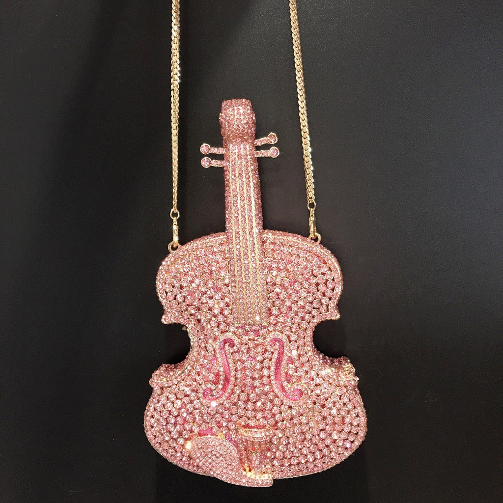 Sac à Bandoulière Violon Rose Taille Diamant avec Strass, Petit PU, 22.5cm
