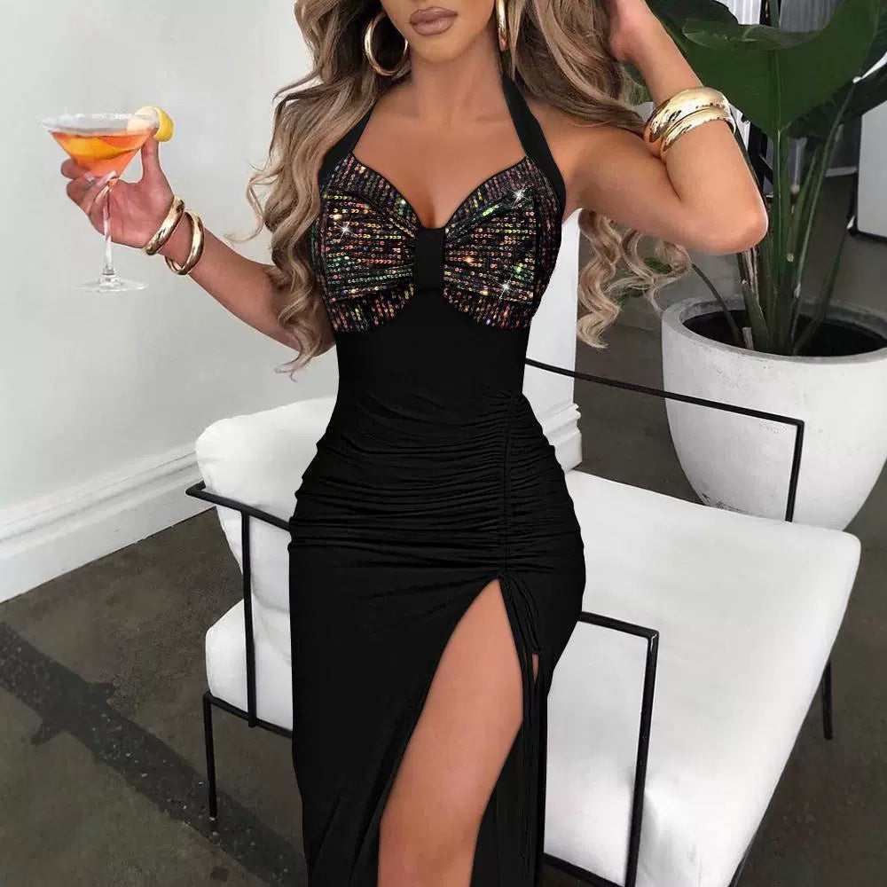 Robe plissée sans manches à paillettes unies noires pour femme