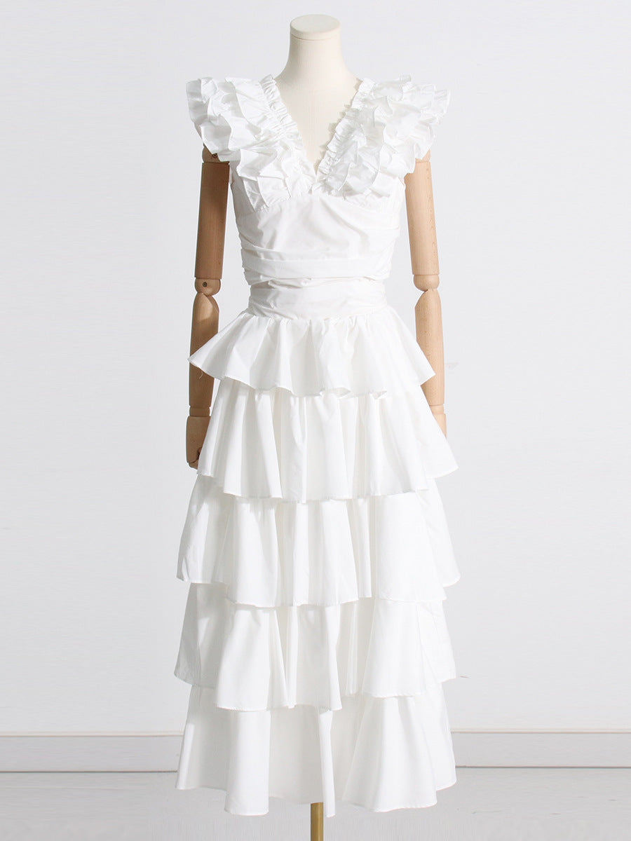Women's V-Neck Lace Short Top & High Waist Cake Layer Dress Suit