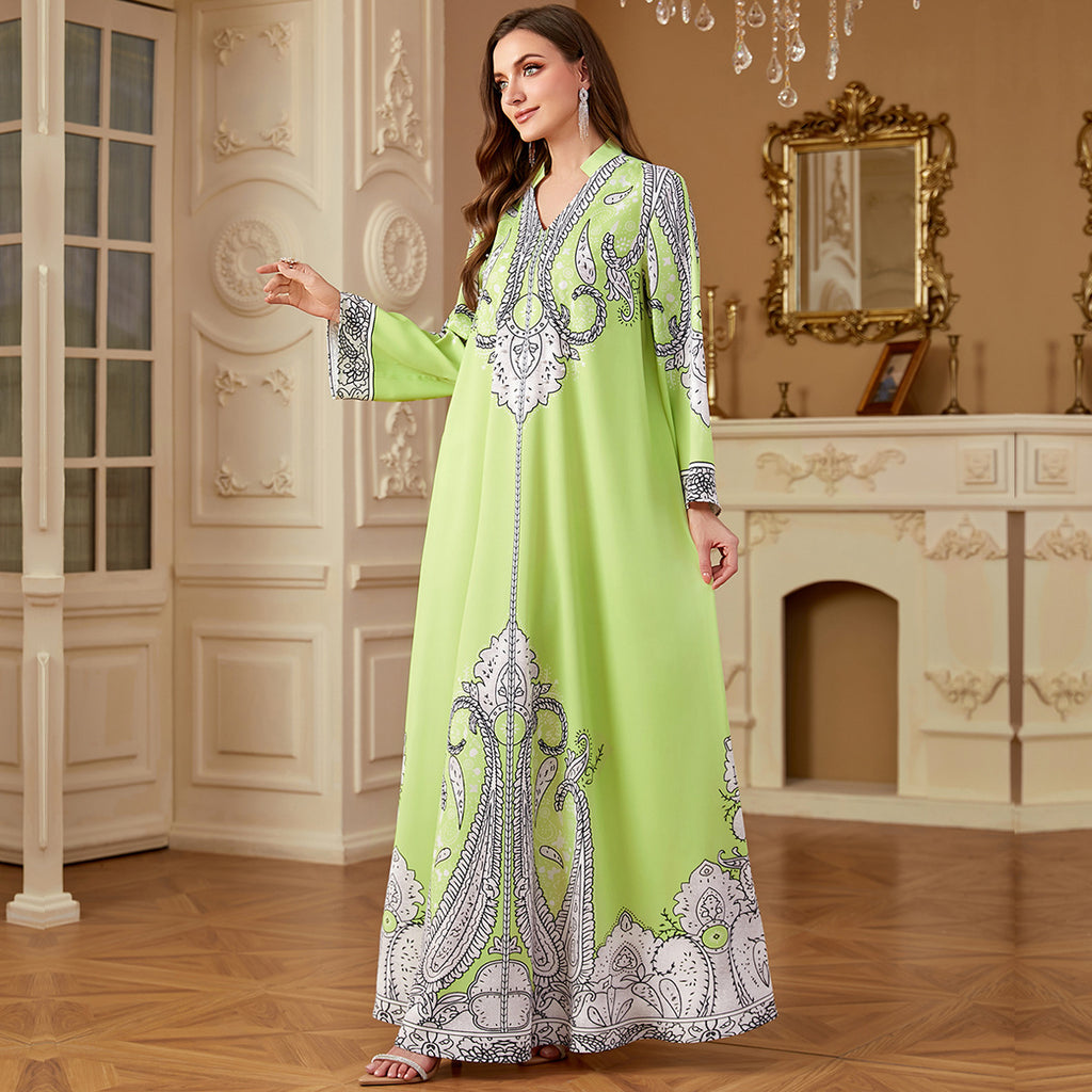 Robe longue ample imprimée en polyester à perles décontractée pour femme musulmane, tailles M-XXL