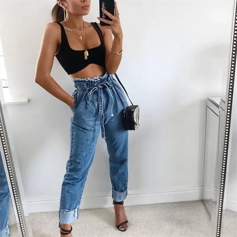Pantalon crayon taille haute en jean foncé délavé grande taille pour femme