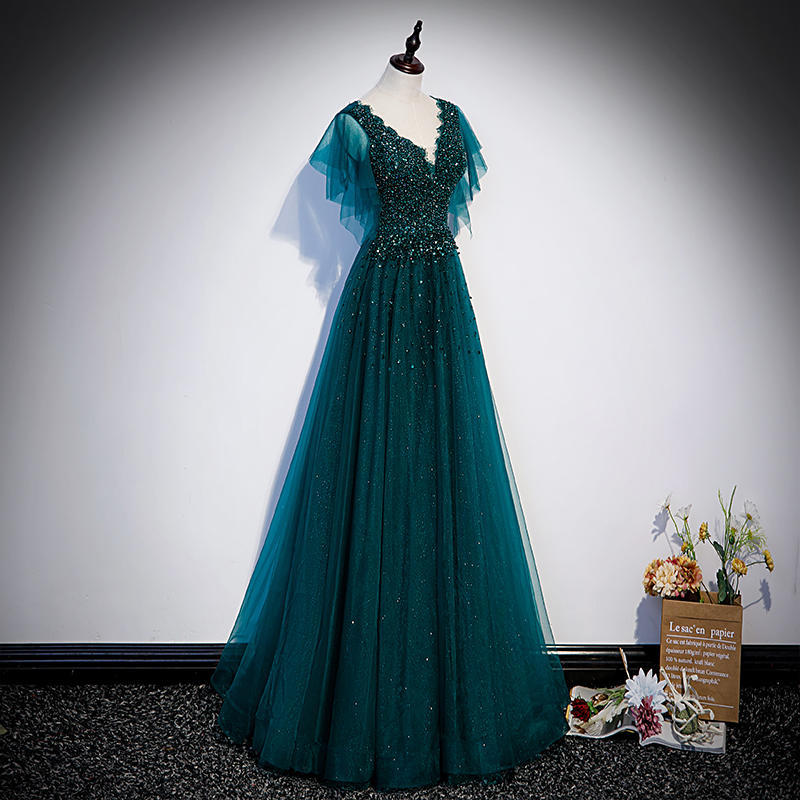 Dark Green Deep V-Neck Evening Dress for Female Host Banquet Performance